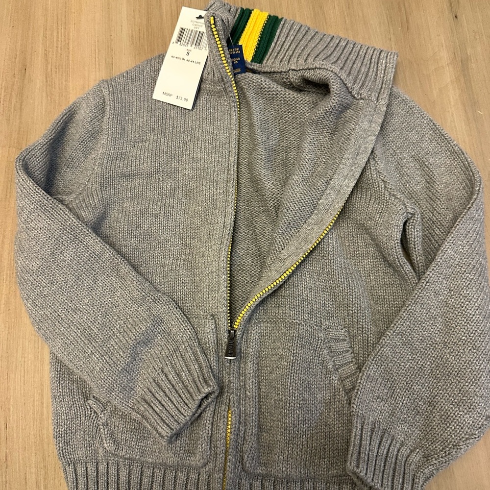 Classic Gray Knit Sweater with Green and Yellow Trim